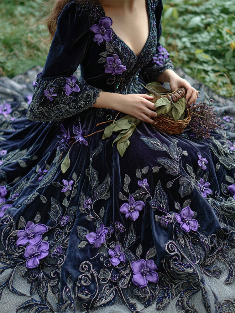 Vintage Witch Purple Flowers Glitter Embroidered Medieval Dress