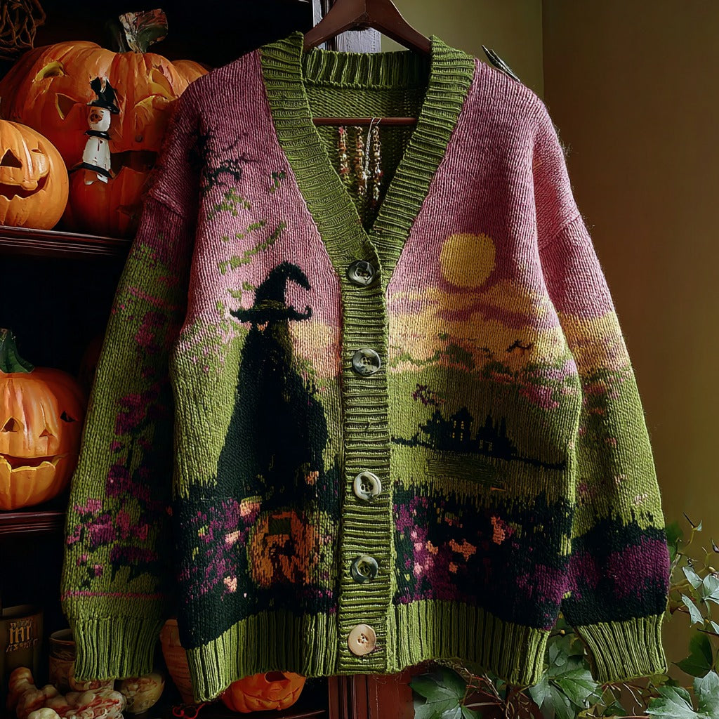 Halloween Witch Pattern Knitted Warm Sweater Cardigan