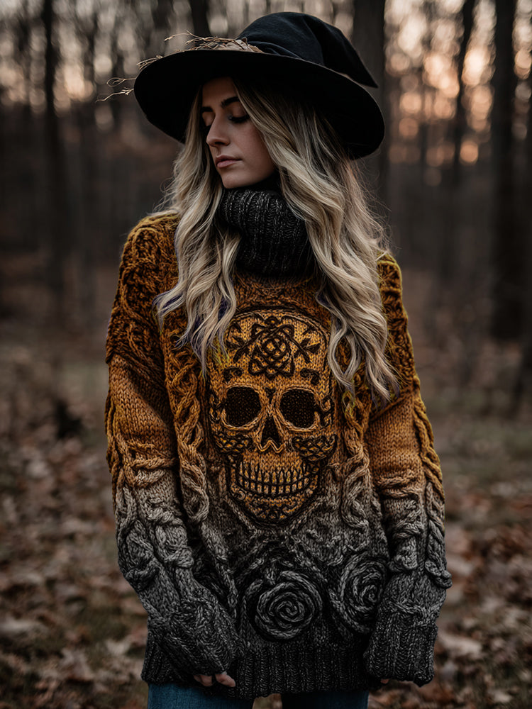 Women's Viking Tribal Jacquard Celtic With Rose And Skull Inspired Chunky Knit Turtleneck Sweater