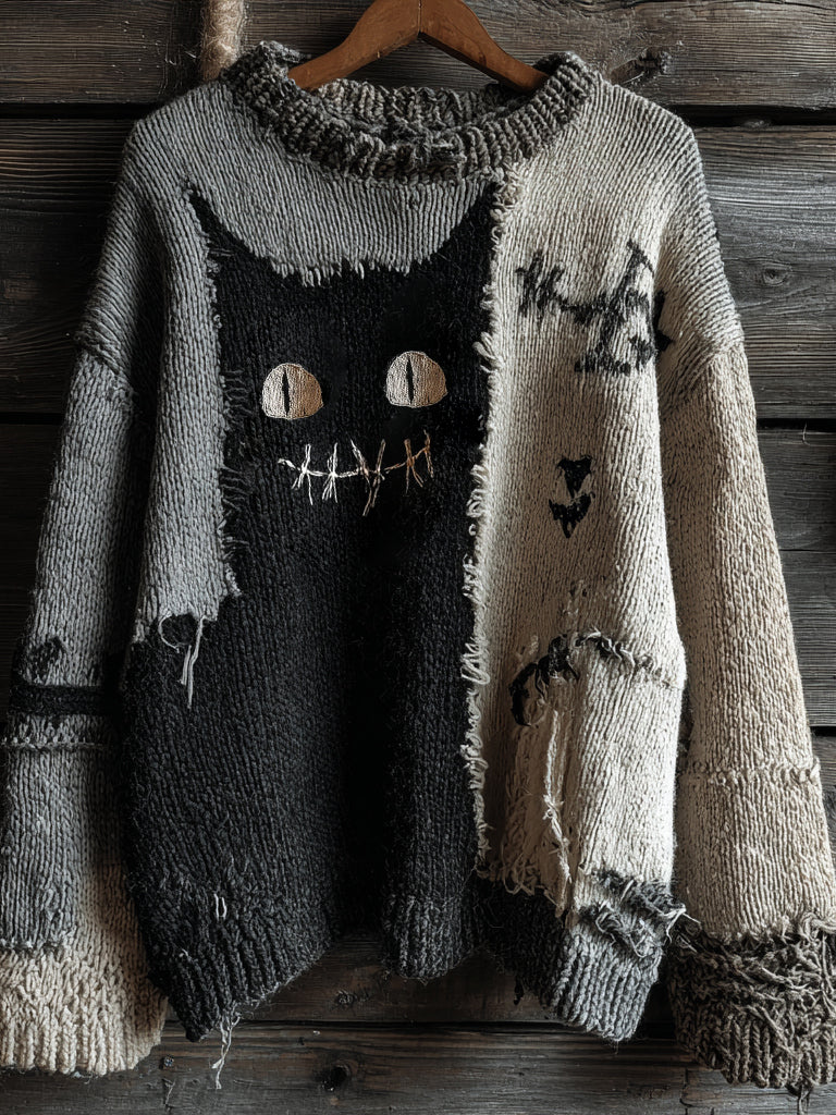 Halloween Black Cat Spooky Face Contrast Stitched Cozy Knit Sweater