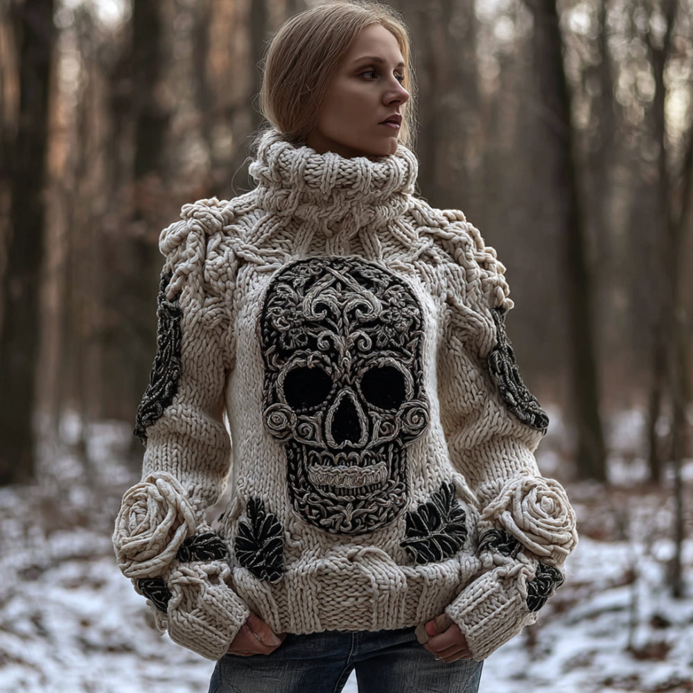 Women's Vintage Patterned Skull And Rose High-neck Sweater