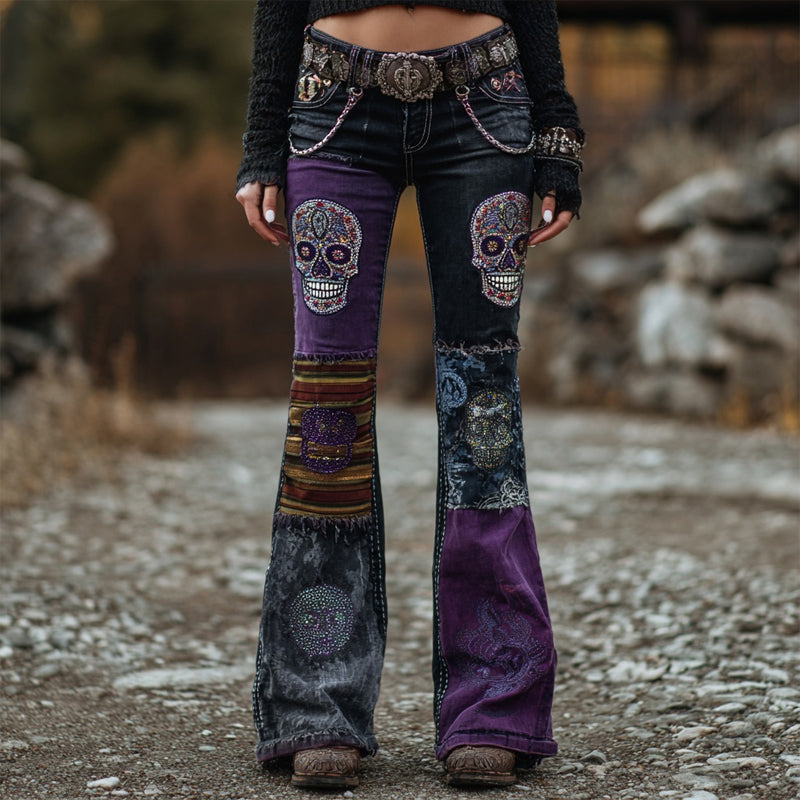 Vintage Skull Embroidered Patchwork Washed Bootcut Jeans
