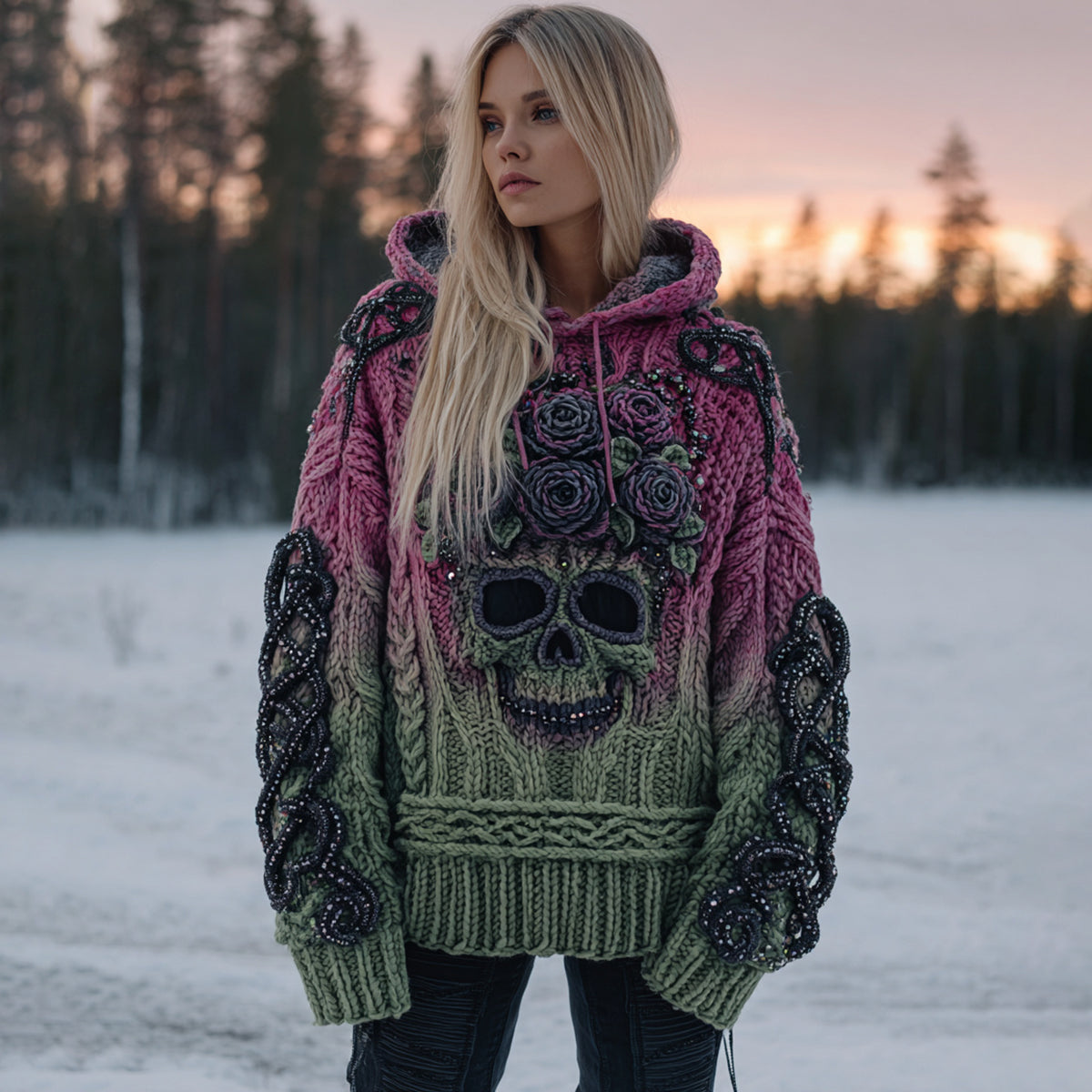 Women's Vintage Skull Flower Gradient Celtic Art Cozy Knitted Hooded Sweater