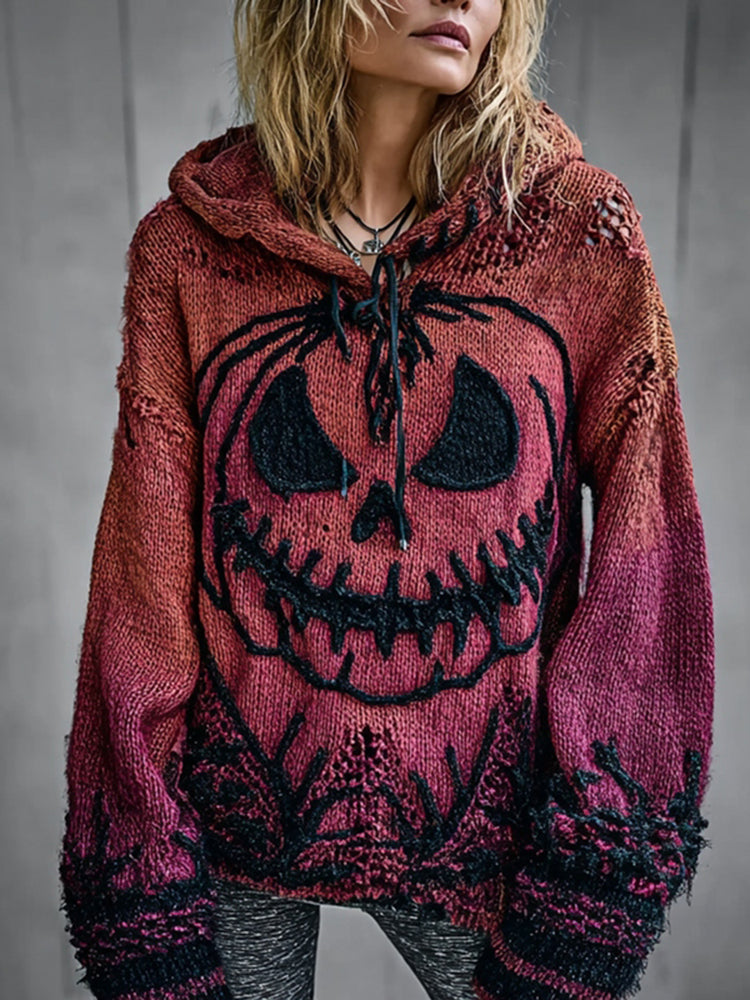 Halloween Pumpkin Face Chunky Crochet Hooded Sweater