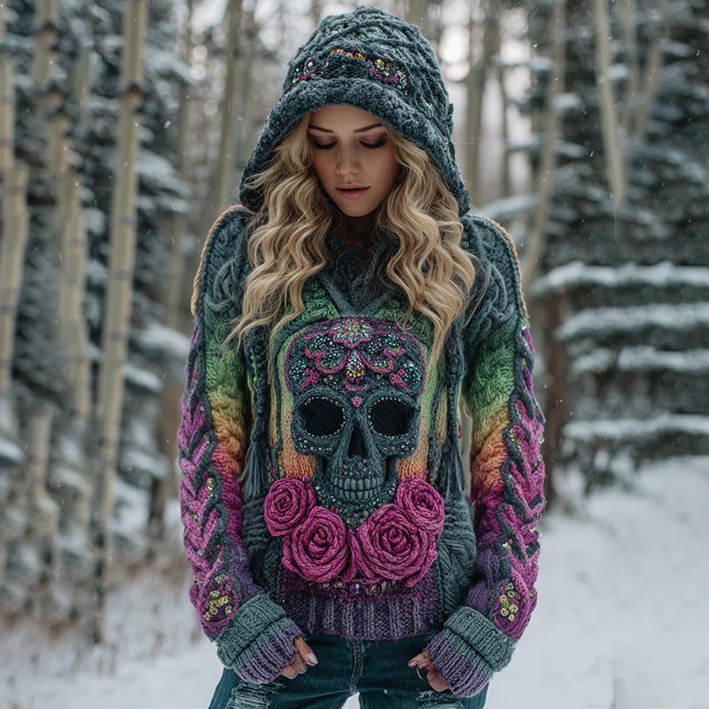 Women's Viking Tribal Jacquard Celtic With Rose And Skull Inspired Chunky Knit Hooded Sweater