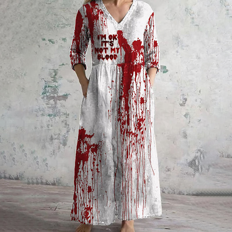 Women's Blood Stains Print Cotton Graphic V-neck Dress