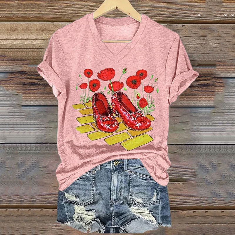 Classic Ruby Red Shoes Floral Painting V-Neck T-Shirt