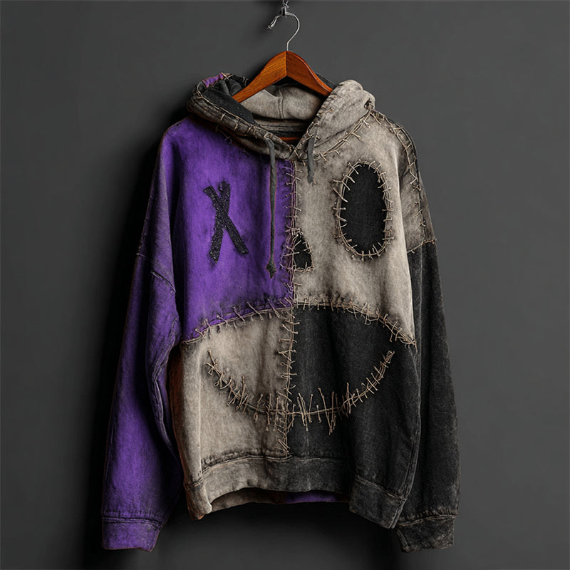 Halloween Pumpkin Face Colorblock Patchwork Hoodie