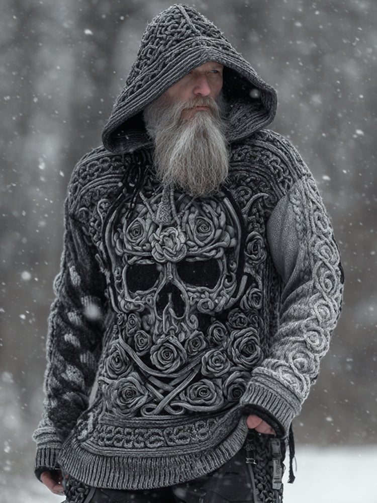 Men's Viking Tribal Jacquard Celtic With Rose And Skull Face Inspired Chunky Knit Hooded Sweater