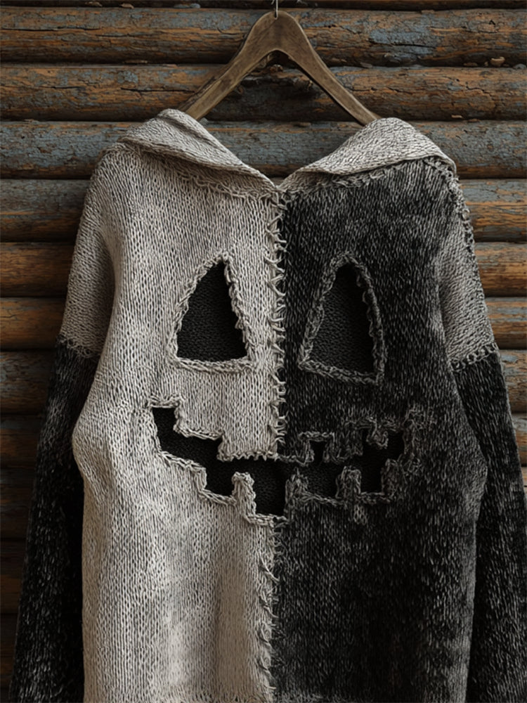 Halloween Pumpkin Face Contrast Stitched Cozy Knit Hooded Sweater