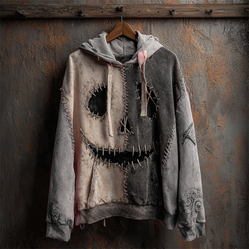 Halloween Pumpkin Face Contrast Stitched Washed Hoodie