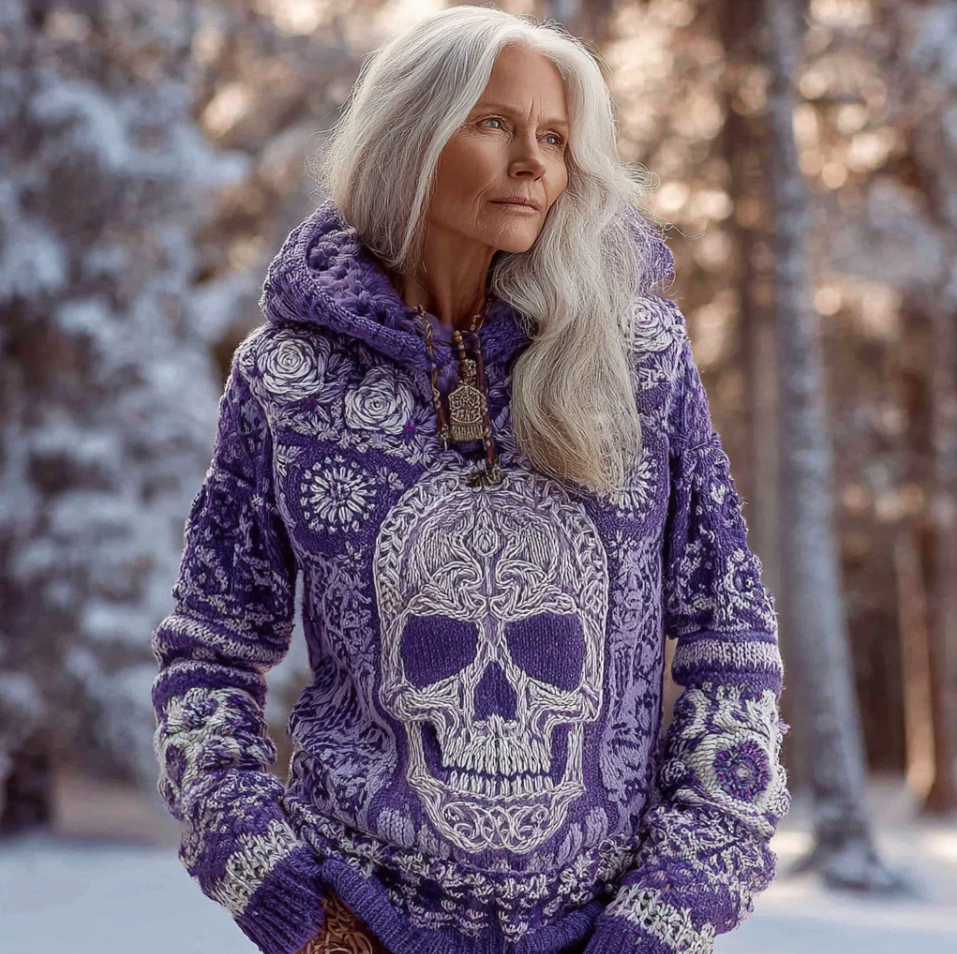 Halloween Skeleton Element Viking Style Women's Hooded Pullover Knit Sweater