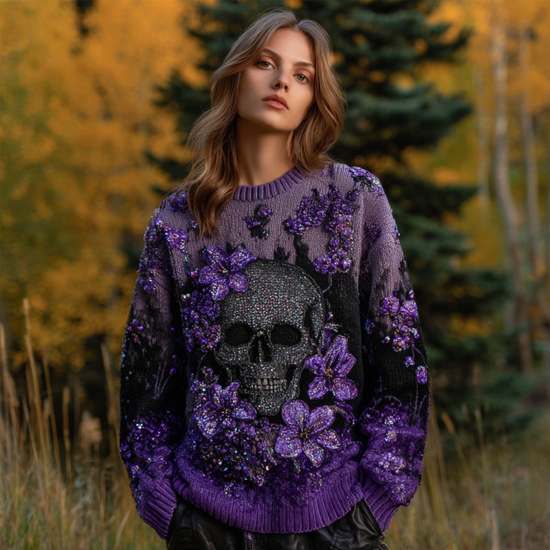 Vintage Glitter Skull & Flowers Embroidered Cozy Knit Sweater