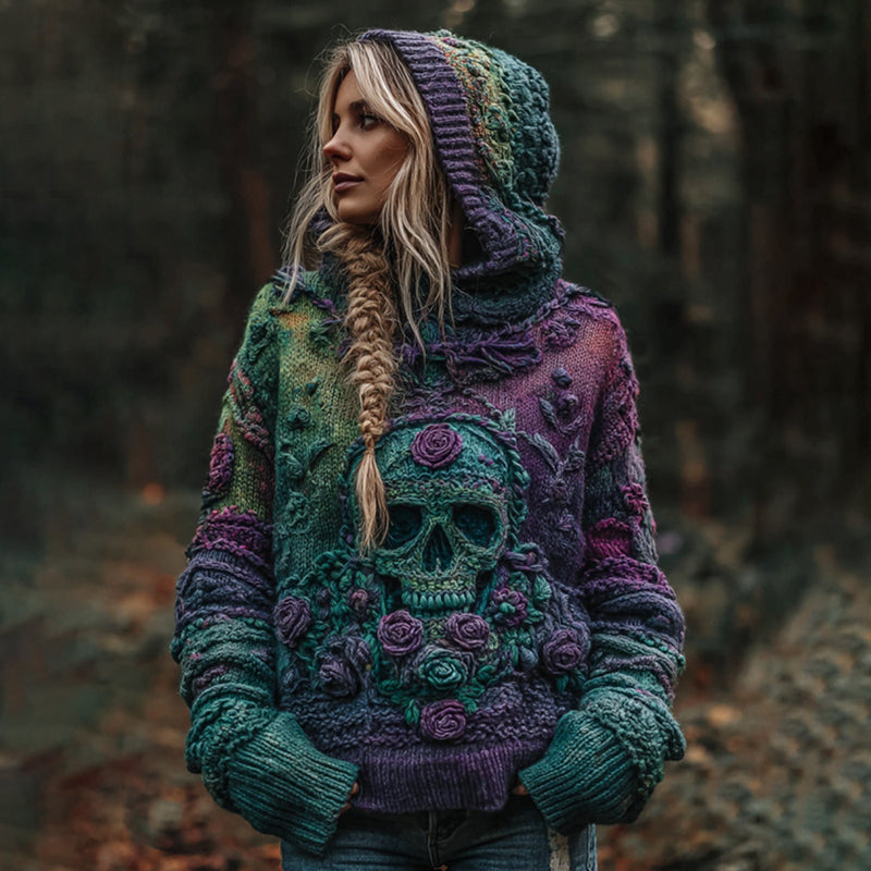 Women's Vintage Skull And Rose Gradient Art Knit Hooded Sweater