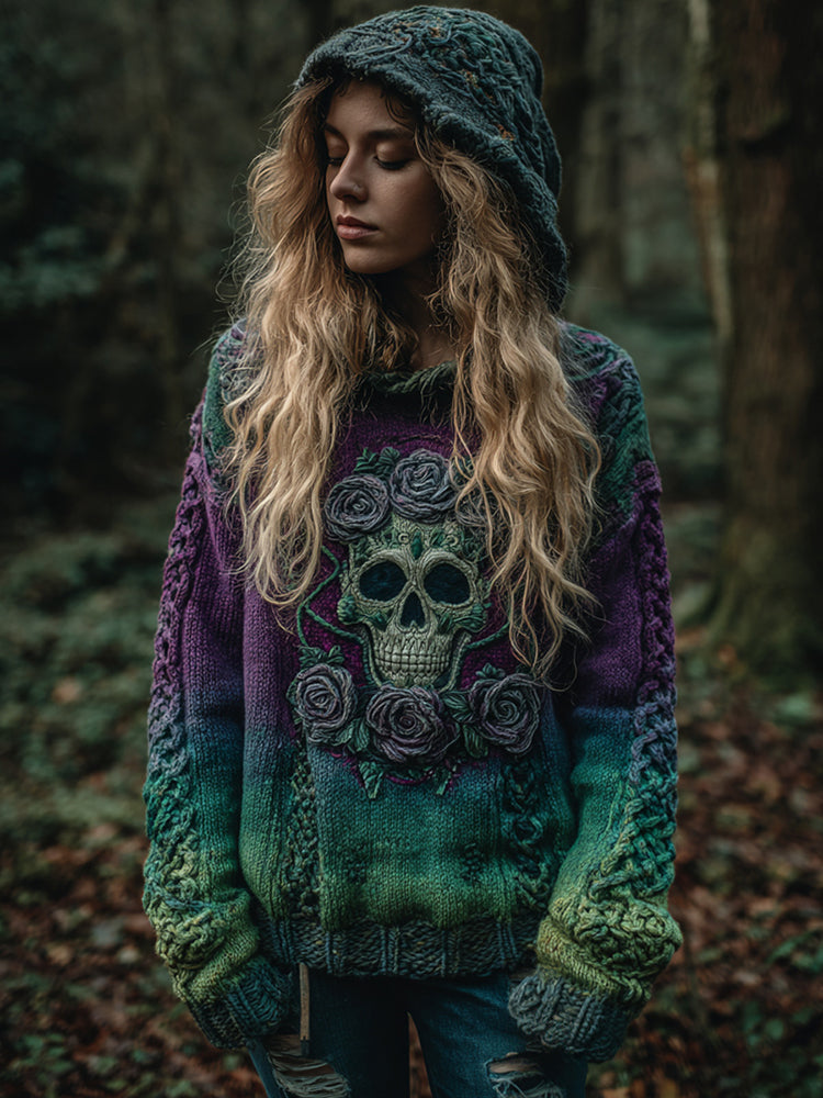 Women's Viking Tribal Jacquard Celtic With Rose And Skull Inspired Chunky Knit Hooded Sweater