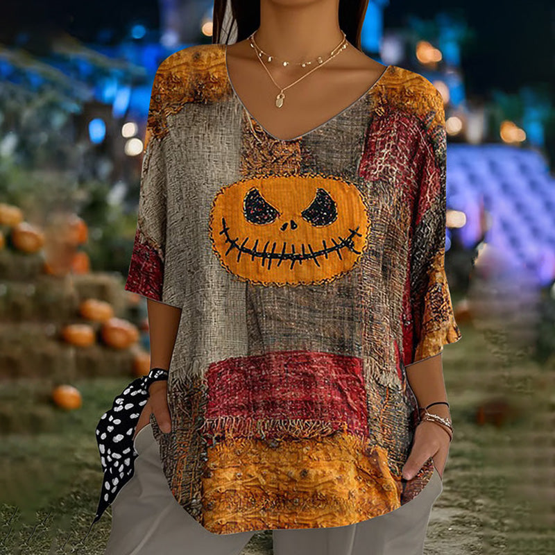 Women's Halloween Retro Pumpkin Emoticon Print Top