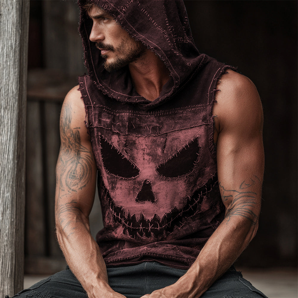 Halloween Evil Pumpkin Emoji Vintage Men's Hooded Tank