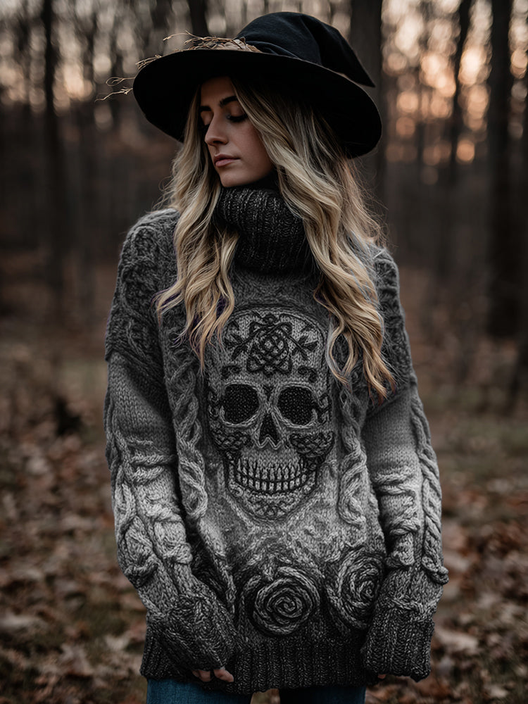 Women's Viking Tribal Jacquard Celtic With Rose And Skull Inspired Chunky Knit Turtleneck Sweater