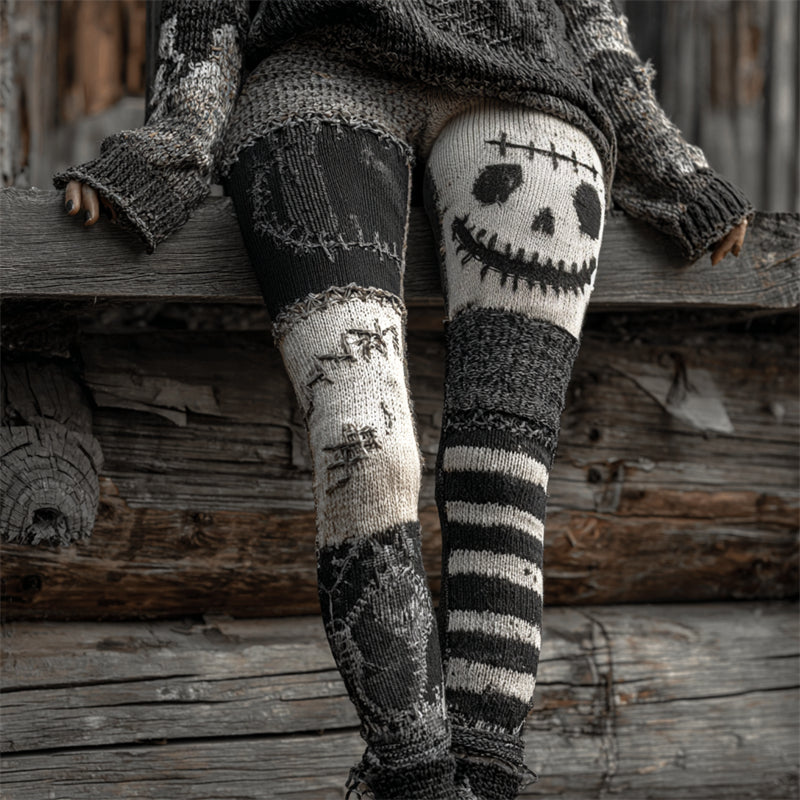 Halloween Stitched Face Contrast Patchwork Cozy Knit Leggings