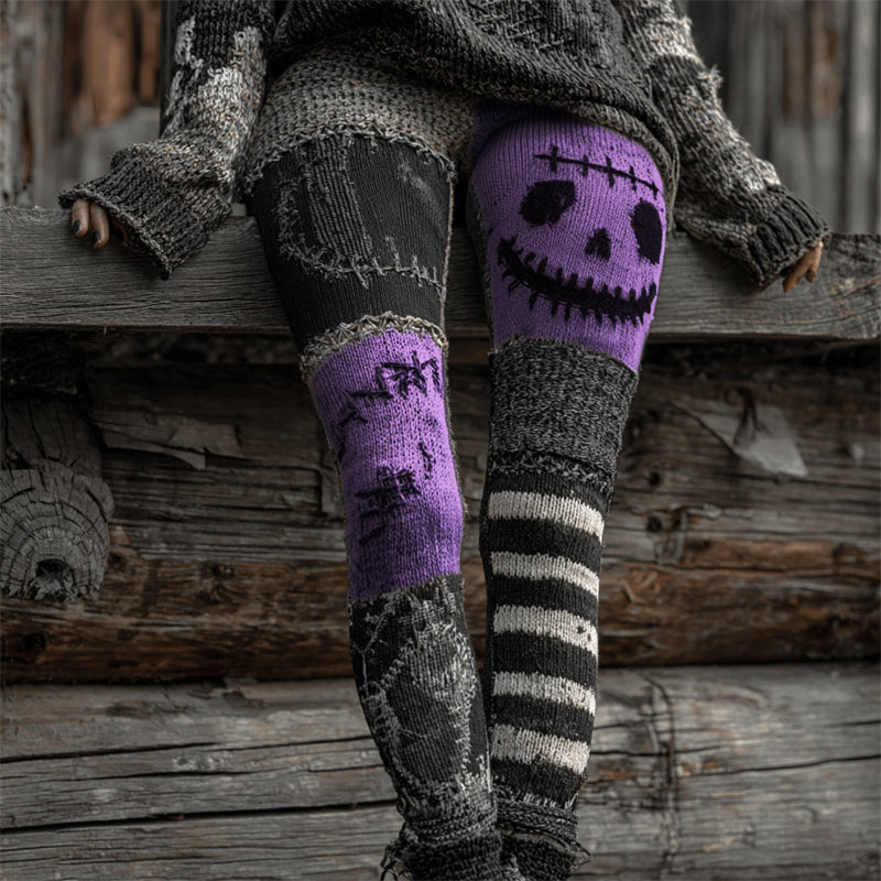 Halloween Stitched Face Contrast Patchwork Cozy Knit Leggings