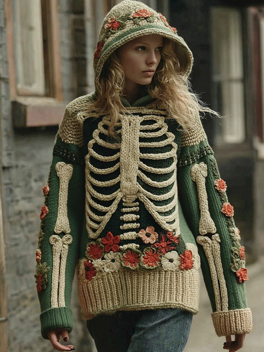 Vintage Halloween Anatomy With Floral Art Chunky Knitted Hooded Sweater