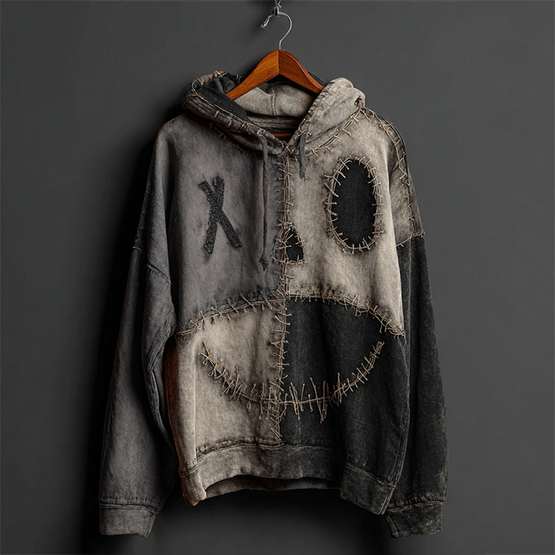Halloween Pumpkin Face Colorblock Patchwork Hoodie