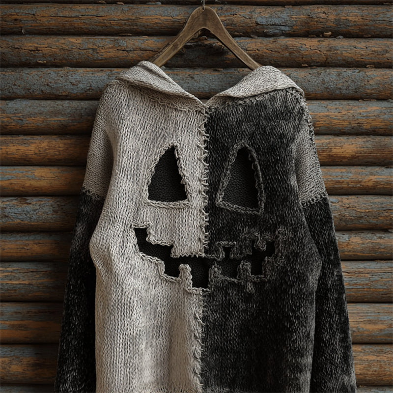 Halloween Pumpkin Face Contrast Stitched Cozy Knit Hooded Sweater