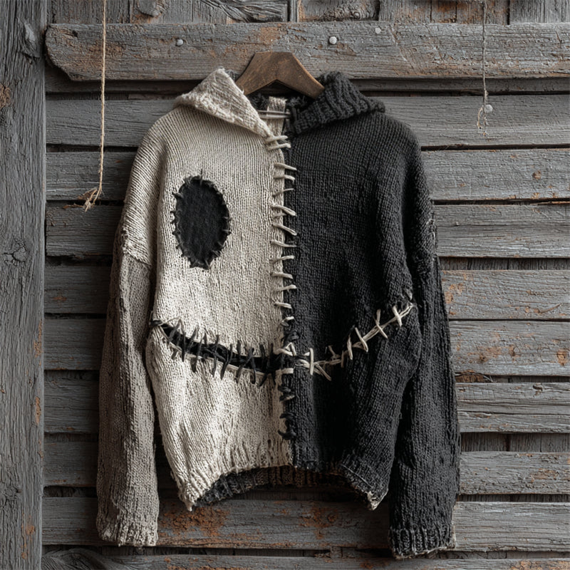 Halloween Spooky Face Contrast Stitched Hooded Cozy Knit Sweater