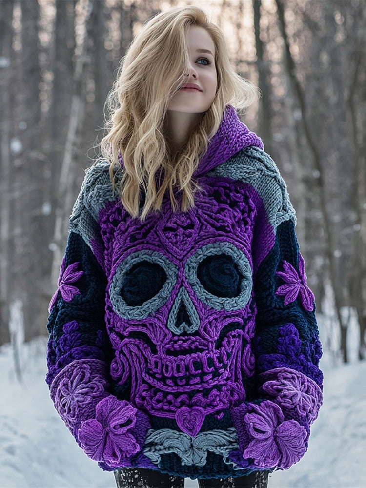 Quirky Skull & Flower Women's Chunky Knit Hooded Sweater