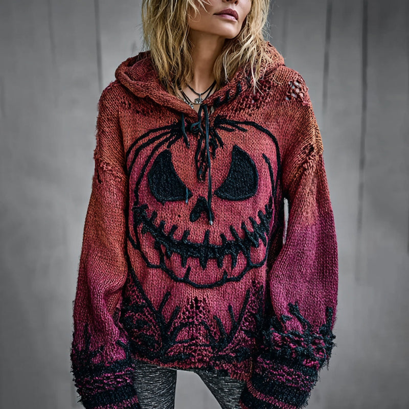 Halloween Pumpkin Face Chunky Crochet Hooded Sweater