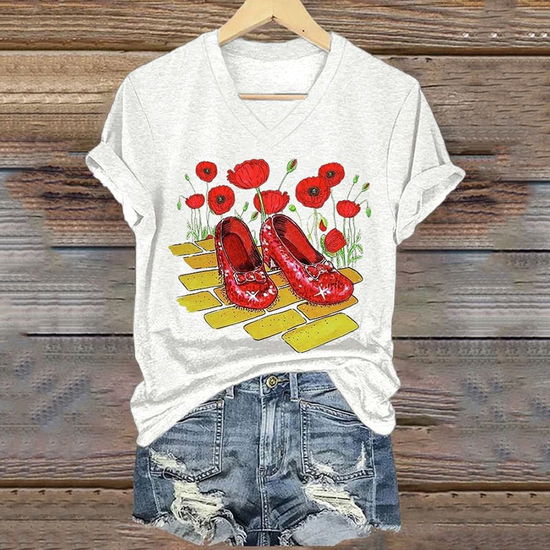 Classic Ruby Red Shoes Floral Painting V-Neck T-Shirt