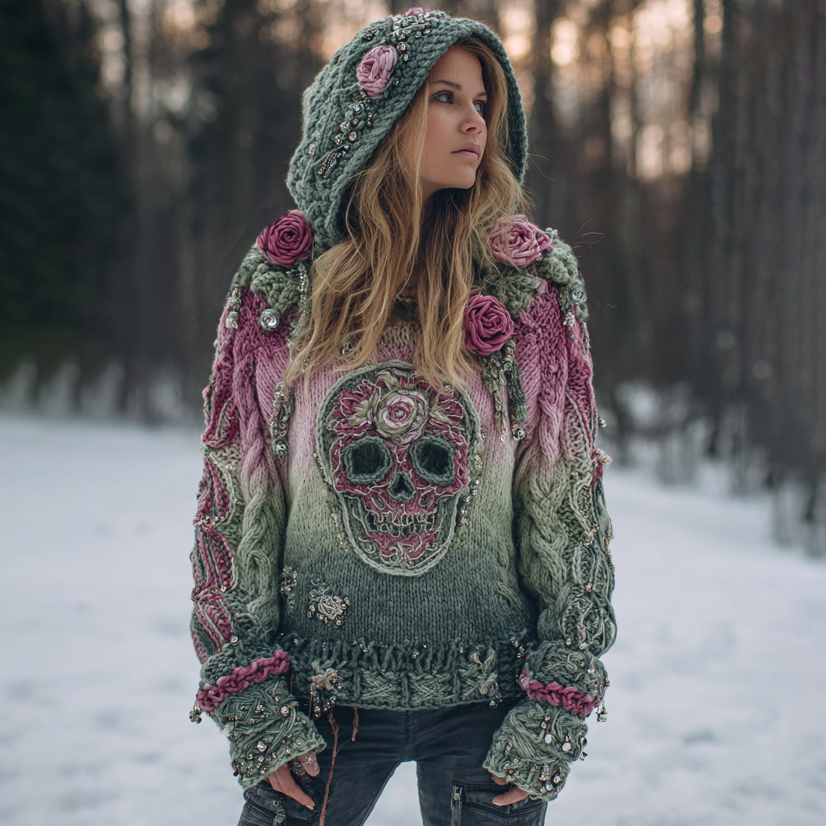 Women's Vintage Skull Flower Gradient Art Cozy Knitted Hooded Sweater