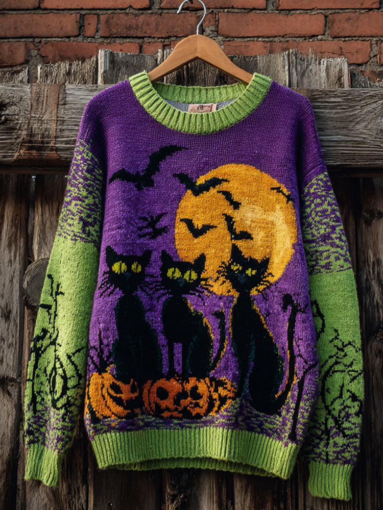 Halloween Black Cat Color Clash Women's Knitted Sweater
