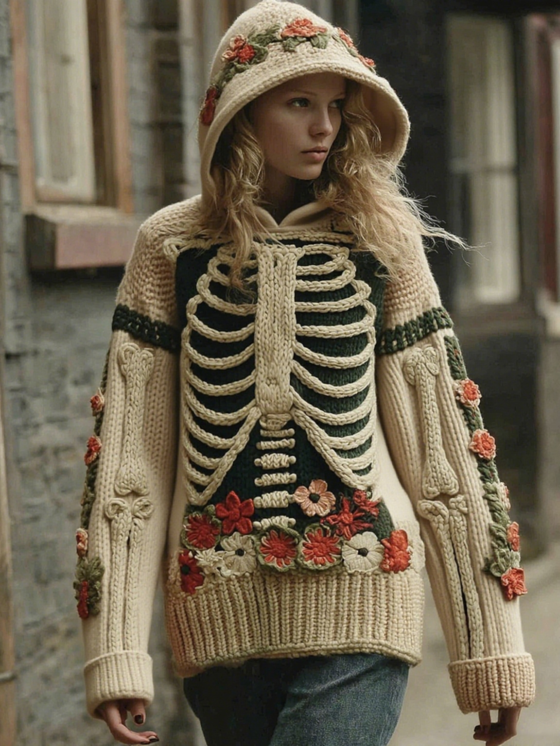 Vintage Halloween Anatomy With Floral Art Chunky Knitted Hooded Sweater