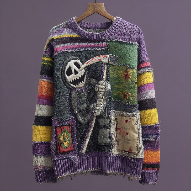Halloween Spooky Ghoul Embroidered Patchwork Cozy Knitted Sweater