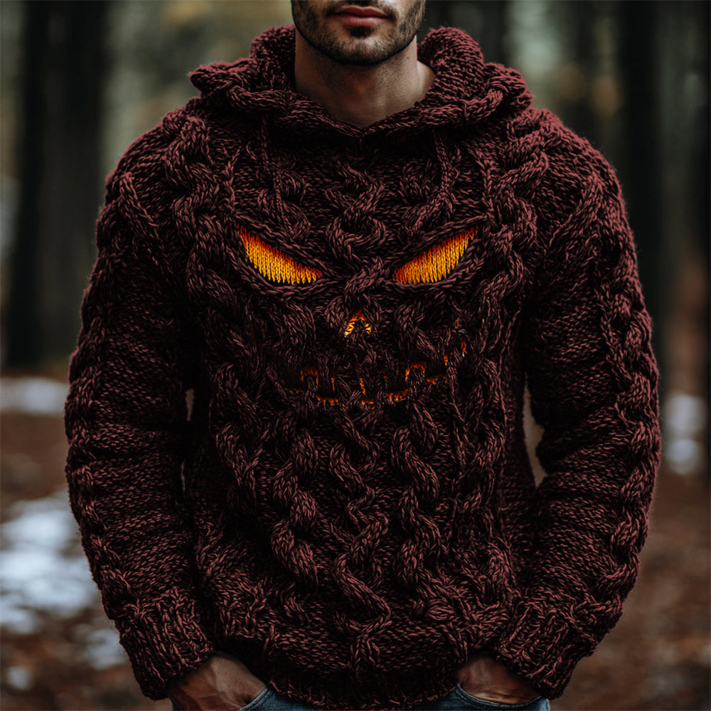 Halloween Evil Pumpkin Emoji Men's Chunky Knit Hooded Sweater