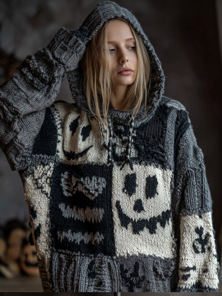 Halloween Patchwork Pumpkin Smiley Face Hooded Sweater