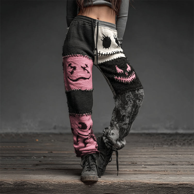 Halloween Spooky Faces Contrast Patchwork Sweatpants