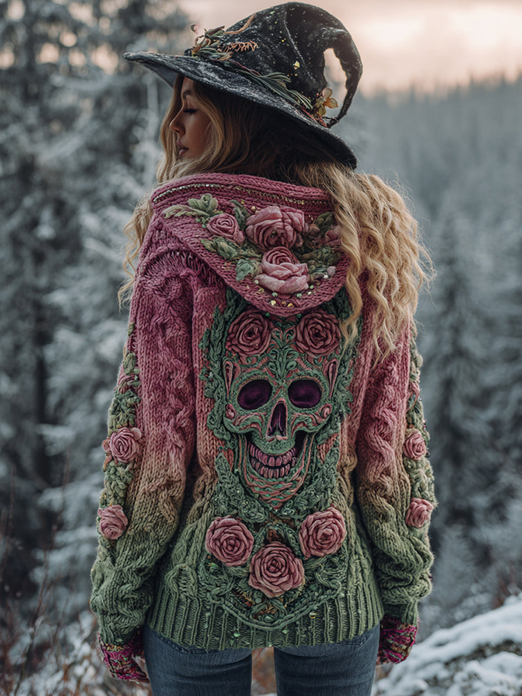 Women's Viking Tribal Jacquard Celtic With Red Rose And Skull Inspired Cozy Knitted Hooded Cardigan