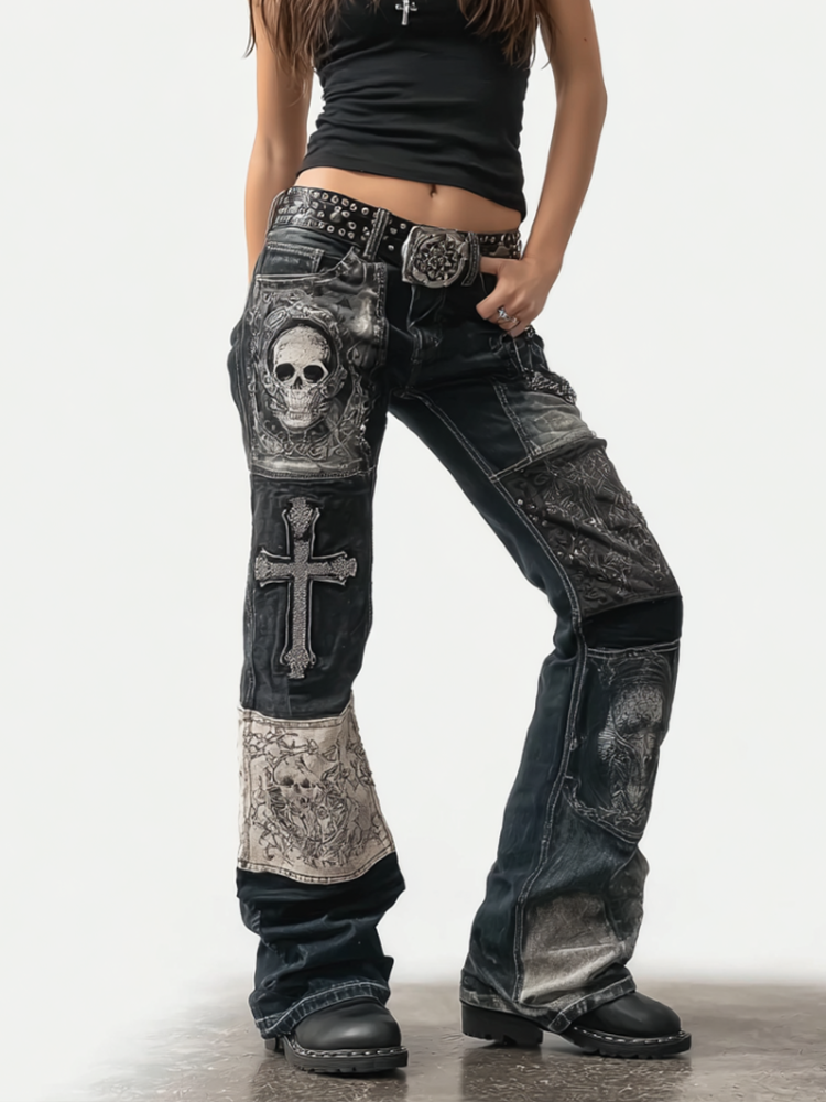 Rock Punk Skull Cross Element Retro Distressed Heavy Workwear Women's Denim Long Pants