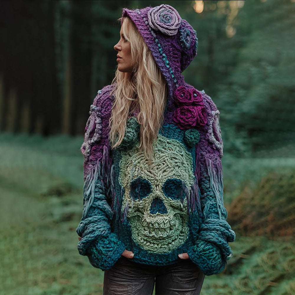 Women's Three-dimensional Skull-patterned Vintage Tie-dye Distressed Hooded Sweater