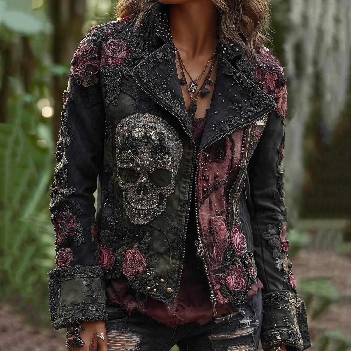 Rose Skull Embroidered Patchwork Gothic Rock Lapel Denim Jacket