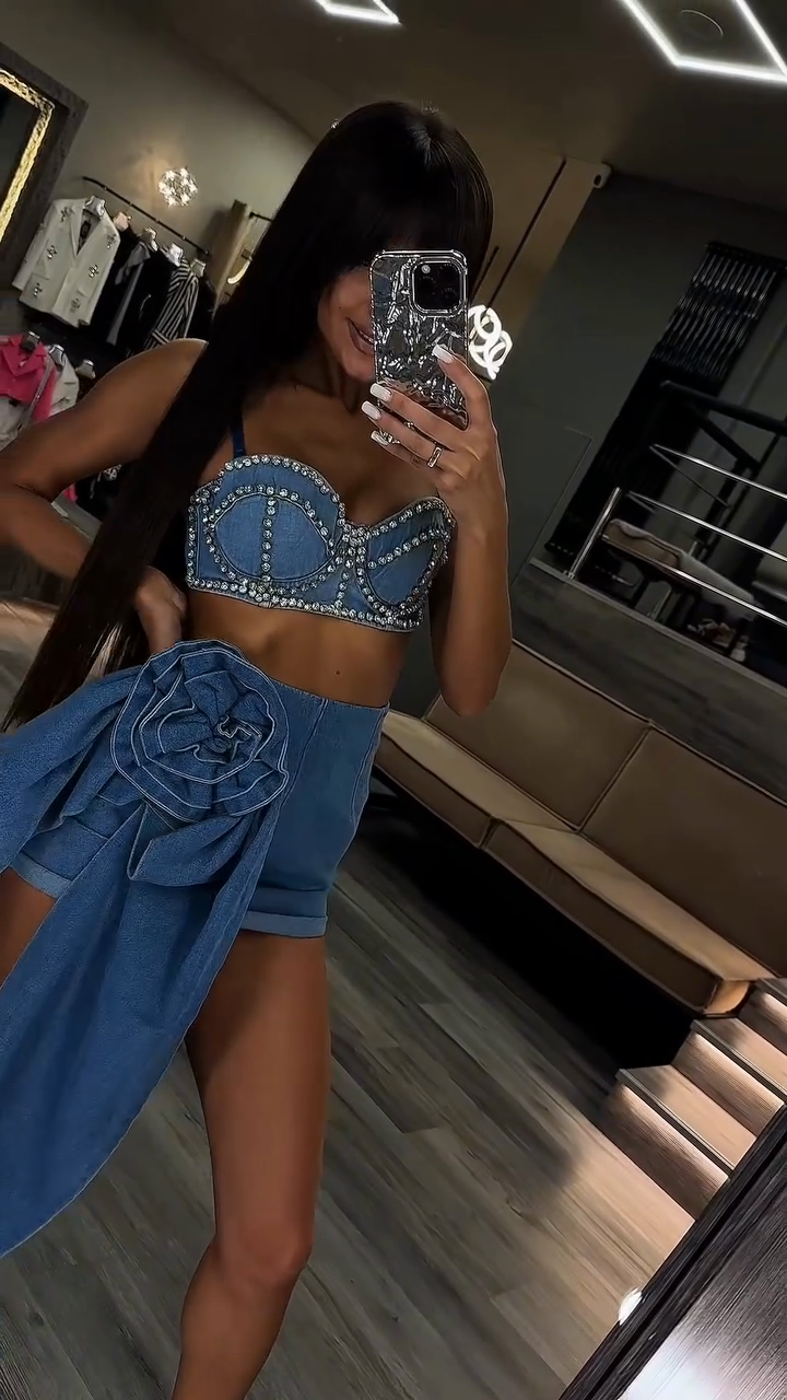 Off the shoulder Cropped Bustier With Rhinestones and Denim Shorts Set