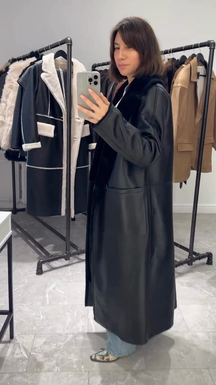 Black Shearling - Collar Leather Trench Coat
