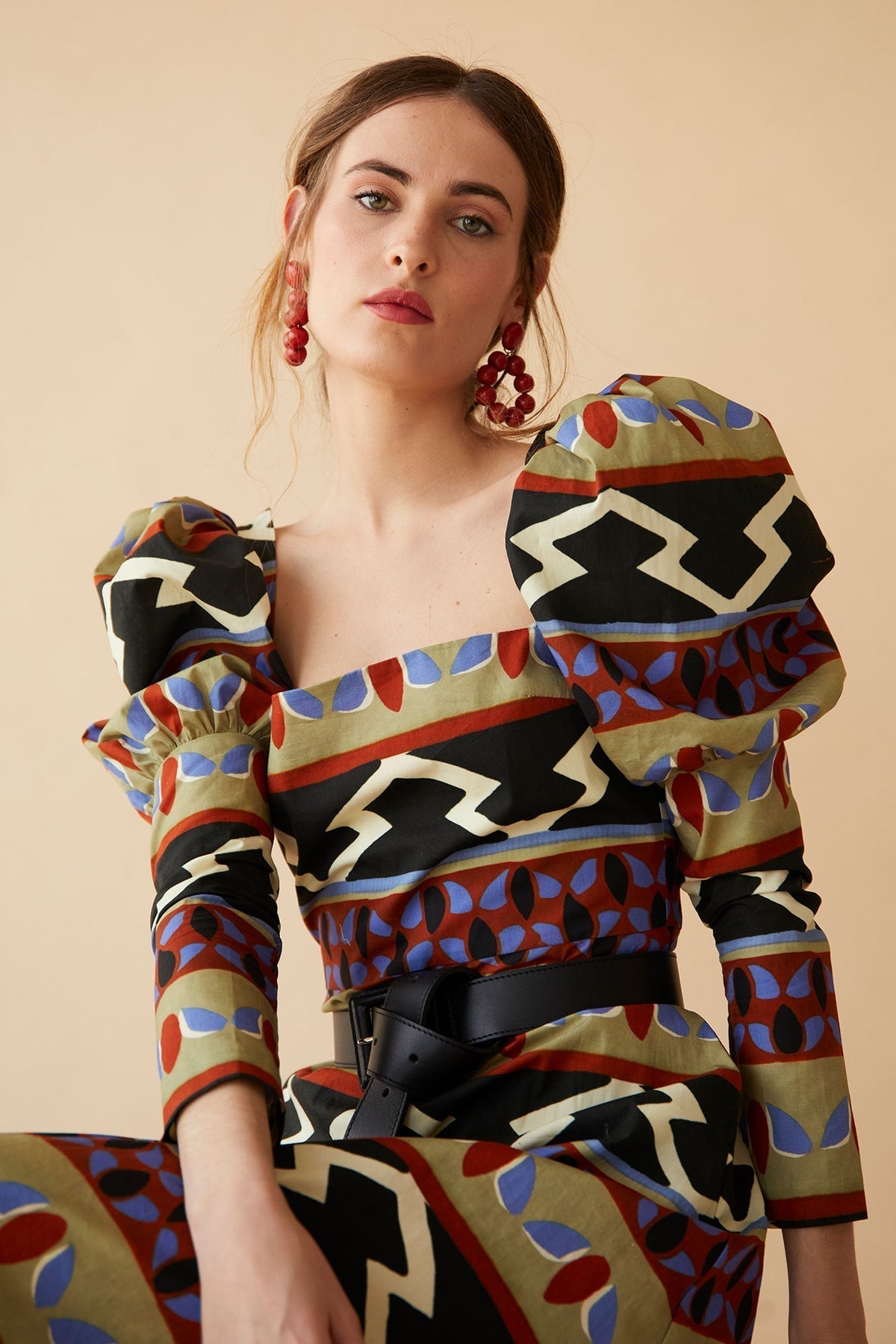 Printed Puff - Sleeve Midi Dress