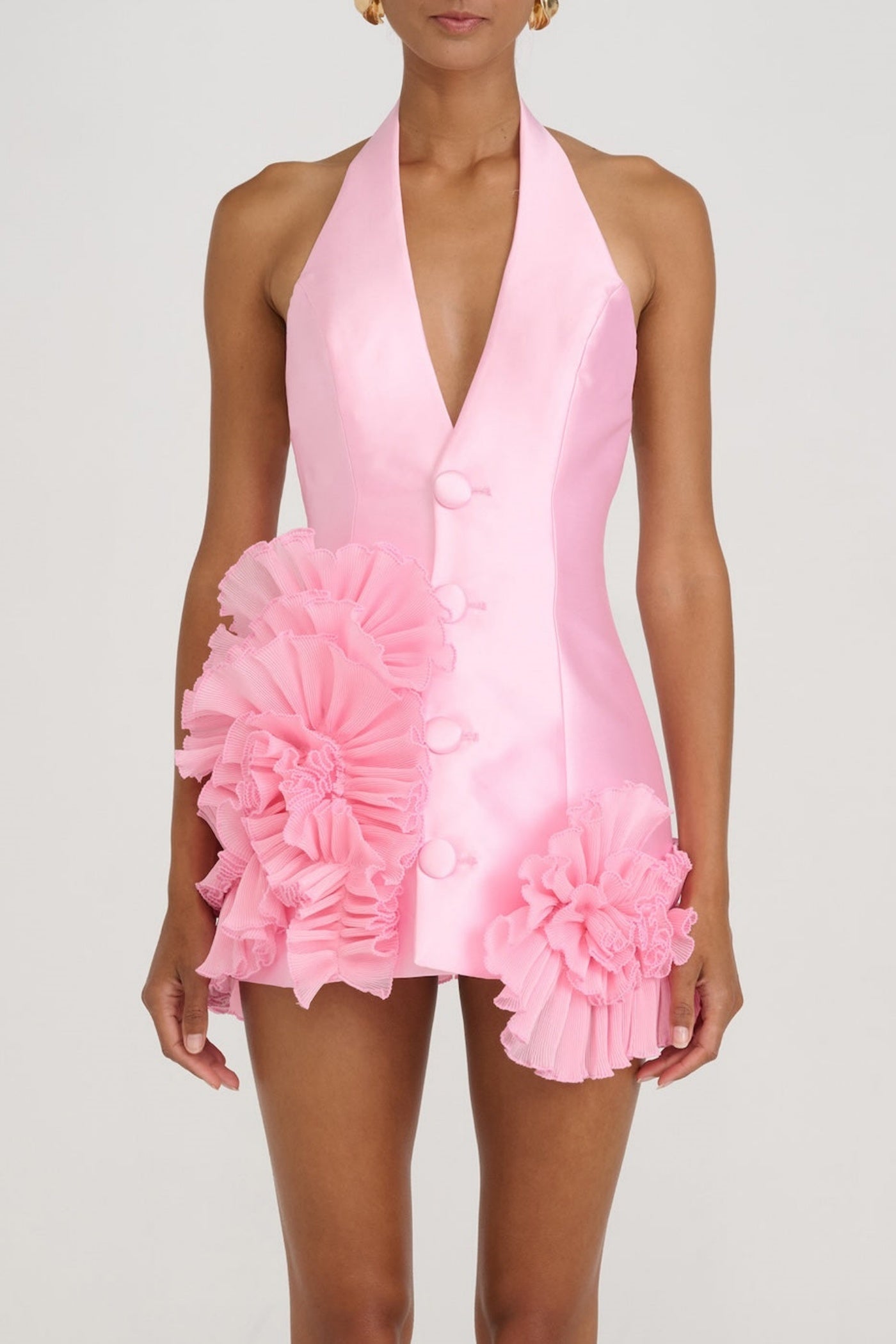 Pink Halter Neck Ruffled Mini Dress