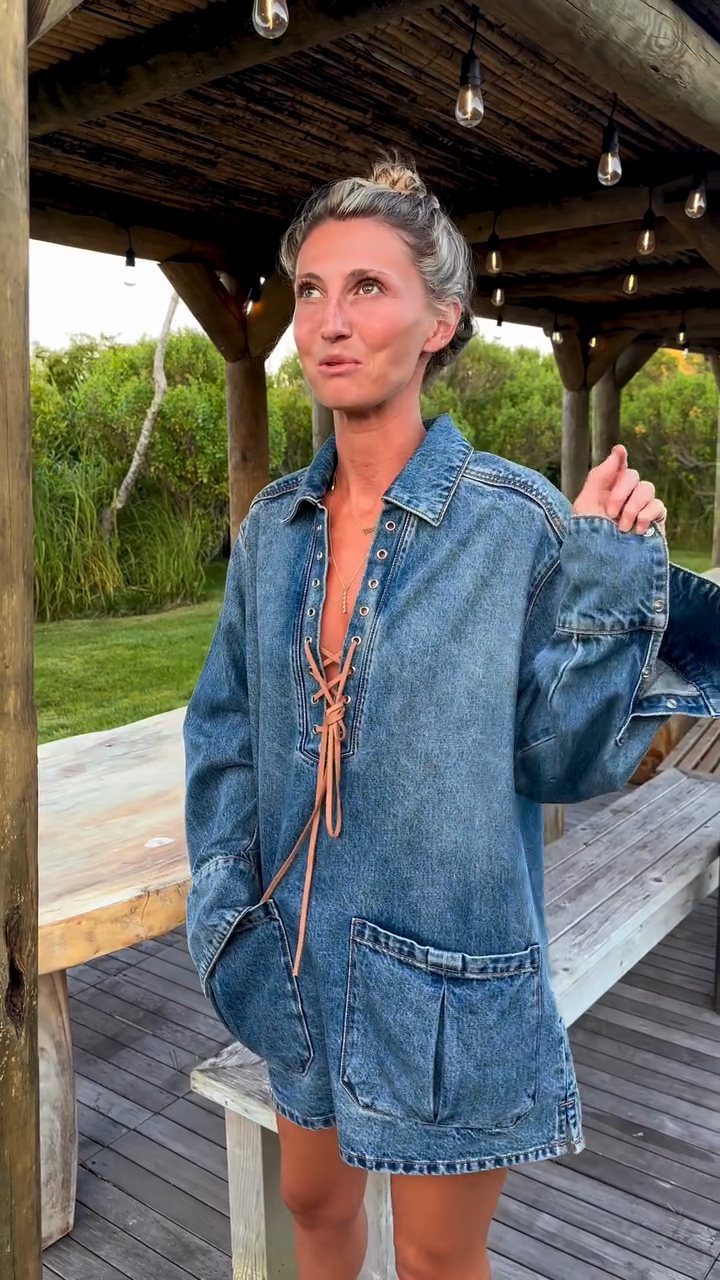 Denim Lace - Up Shirt Dress