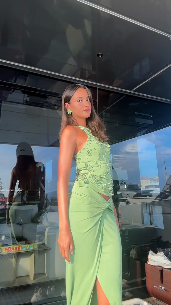 Green Embellished Top and Skirt Set