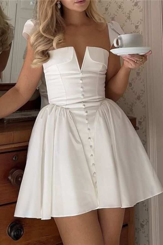 White Square - neck Mini Dress with Button - front Detail
