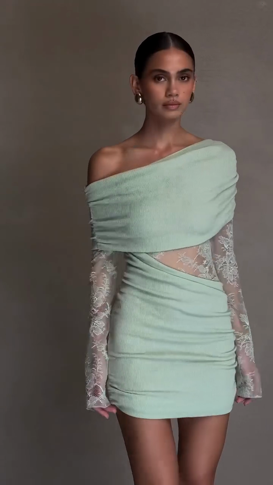 Mint Green One - Shoulder Mini Dress with Lace Sleeves
